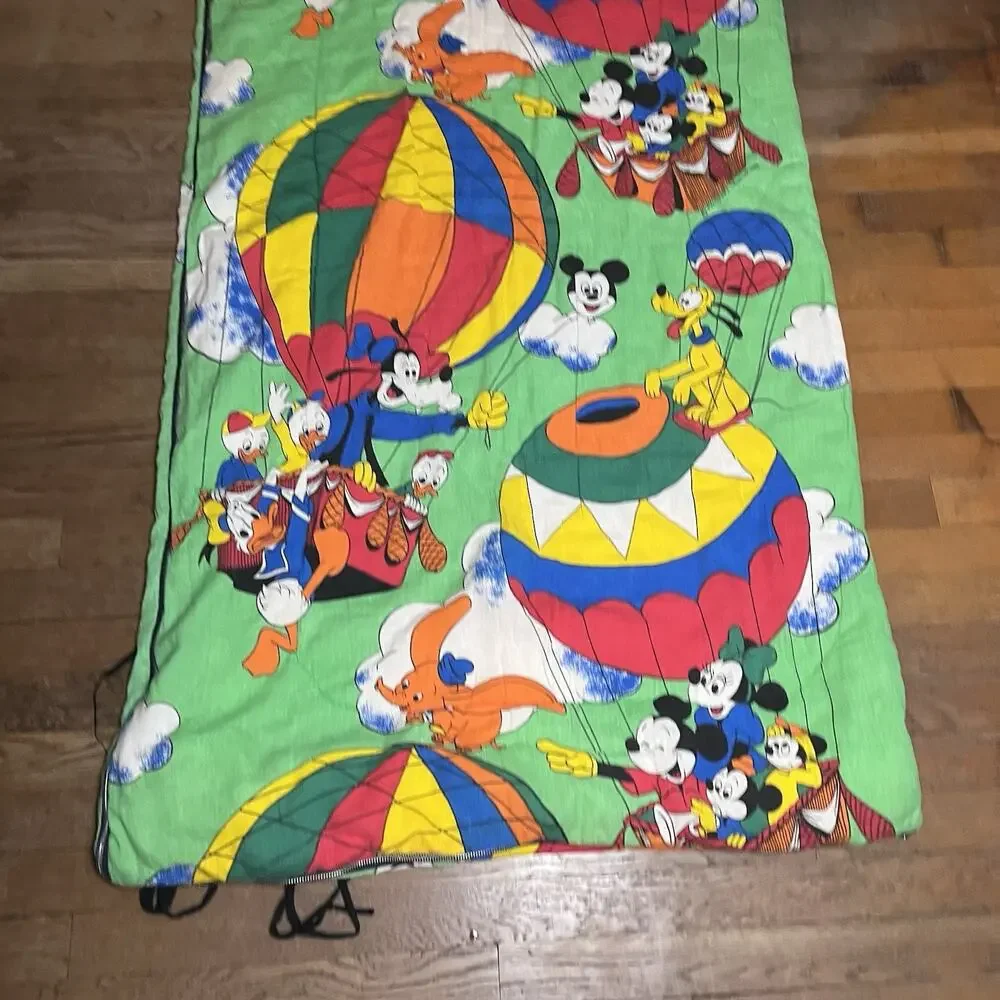 Vintage Disney Sleeping Bag Mickey Minnie Mouse Goofy Hot Air Balloon 32x60